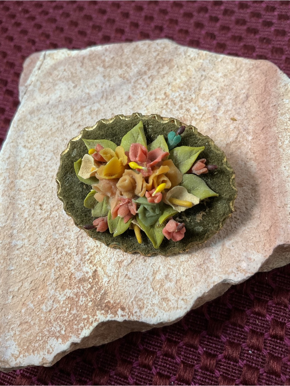 Handmade Floral Cluster Brooch in Green, Yellow & Pink
